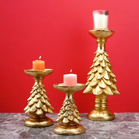 Christmas Tree Candle Holder Resin Gold Green Tiered Leaf Design Tabletop Ornament For Xmas Home Decor Party Candle Stand Centerpiece Gift