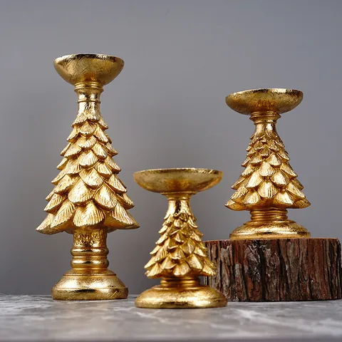 Christmas Tree Candle Holder Resin Gold Green Tiered Leaf Design Tabletop Ornament For Xmas Home Decor Party Candle Stand Centerpiece Gift