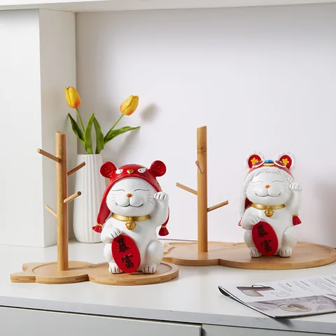 Modern Nordic Bamboo Key Storage Tray With Resin Lucky Cat Figurine Desktop Organizer For Entrance Jewelry Watch Decor