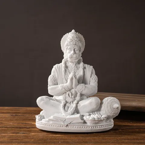 Thai Indian Style Resin Hanuman Figurine Sitting Prayer God Statue White Matte Decorative Home Office Desk Sculpture Ornament