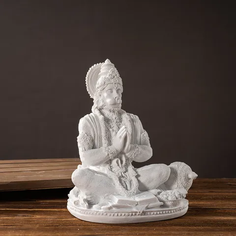 Thai Indian Style Resin Hanuman Figurine Sitting Prayer God Statue White Matte Decorative Home Office Desk Sculpture Ornament