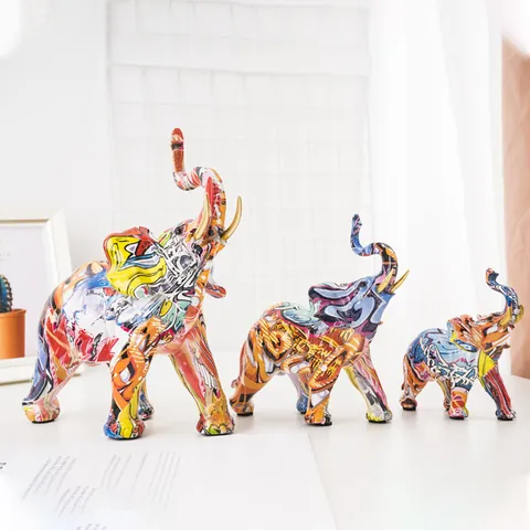 Modern Nordic Graffiti Elephant Figurine Resin Statue Street Art Colorful Animal Sculpture Home Office Decor Ornament