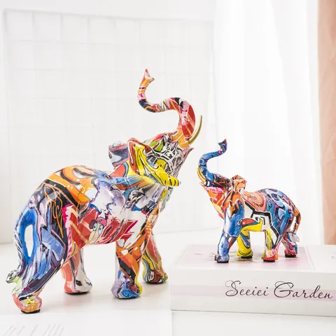 Modern Nordic Graffiti Elephant Figurine Resin Statue Street Art Colorful Animal Sculpture Home Office Decor Ornament
