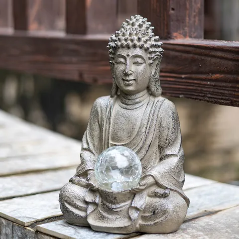 Zen Buddha Statue With LED Light Crackle Glass Globe Resin Stone Look Meditation Buddha Sculpture For Garden Patio Yard Home Decoration
