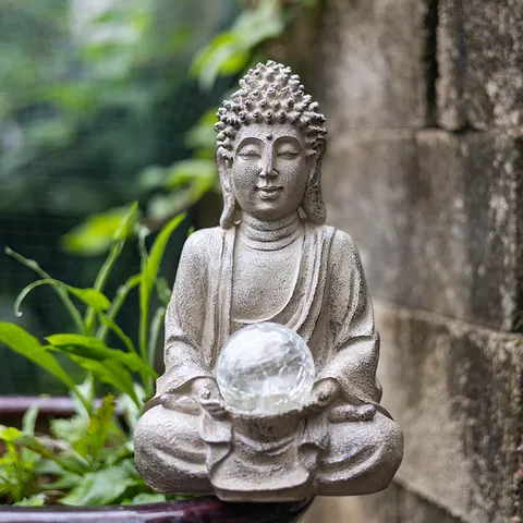 Zen Buddha Statue With LED Light Crackle Glass Globe Resin Stone Look Meditation Buddha Sculpture For Garden Patio Yard Home Decoration
