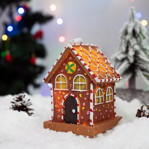 LED Weihnachten Lebkuchenhaus Harz Leuchtende Dekoration Mit Schnee Süßigkeiten Details Für Urlaub Desktop Home Deko