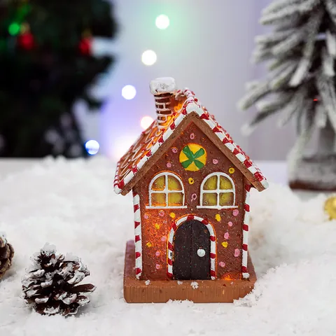 LED Weihnachten Lebkuchenhaus Harz Leuchtende Dekoration Mit Schnee Süßigkeiten Details Für Urlaub Desktop Home Deko