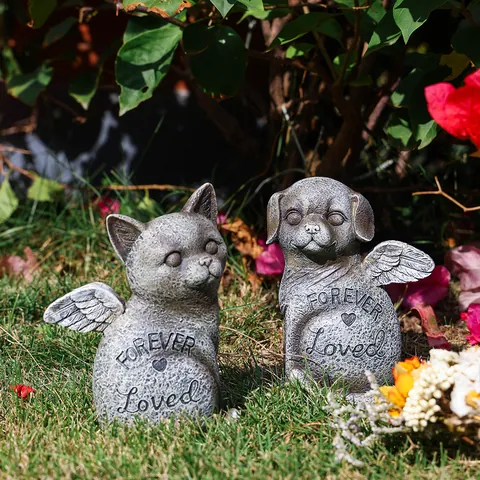 Pierre Commémorative pour Animaux Résine Ange Chat Chien Tombe Forever Loved Cœur Ailes Jardin Décoration Extérieure Statue Vieillie