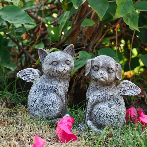 Pierre Commémorative pour Animaux Résine Ange Chat Chien Tombe Forever Loved Cœur Ailes Jardin Décoration Extérieure Statue Vieillie