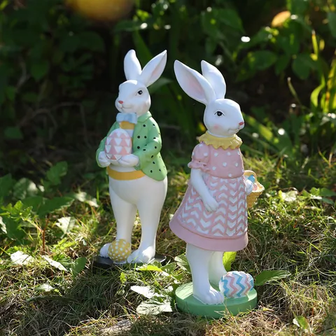 Adornos de Conejo de Resina de Pascua Estatua de Pareja de Conejitos Con Huevos de Pascua Cesta de Flores Figuritas Decorativas para Hogar Jardín Patio Aire Libre Decoración de Fiesta de Primavera