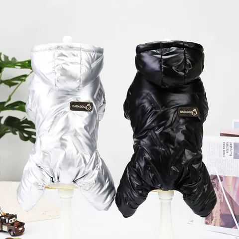 Glänzender PU-Leder Haustier Hund Winter Jumpsuit Warm Polarfleece Gefütterter Gesteppter Mantel Mit Kapuze Für Kleine Mittlere Hunde Katzen