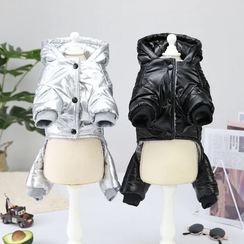 Glänzender PU-Leder Haustier Hund Winter Jumpsuit Warm Polarfleece Gefütterter Gesteppter Mantel Mit Kapuze Für Kleine Mittlere Hunde Katzen