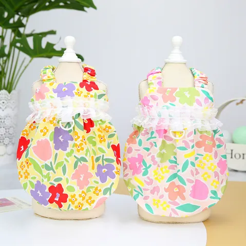 Baumwolle Blumen Haustier Kleid Für Kleine Hunde Katzen Pastoraler Welpen Rock Mit Spitzenbesatz Und Leinen D-Ring Prinzessin Kleidung