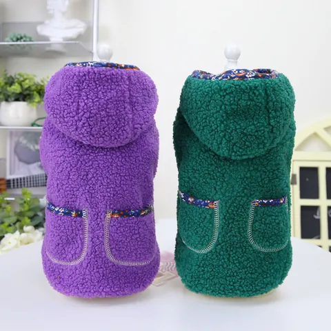 Winter Warm Pet Dog Cat Clothes Pastoral Style Sherpa Fleece Hooded Vest Jacket With Floral Pockets Small Dog Cat Outfit