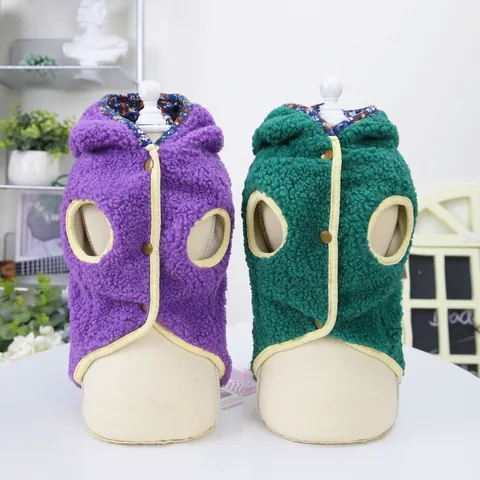Winter Warm Pet Dog Cat Clothes Pastoral Style Sherpa Fleece Hooded Vest Jacket With Floral Pockets Small Dog Cat Outfit