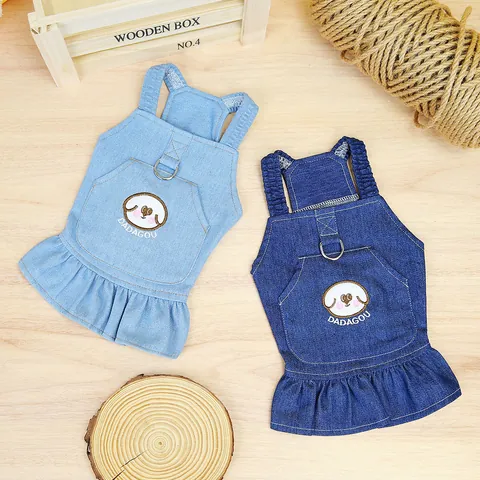 Cotton Pet Denim Dress With Harness D-Ring For Small Dogs Cats Puppy Princess Jean Skirt Embroidery Ruffle Pet Clothing