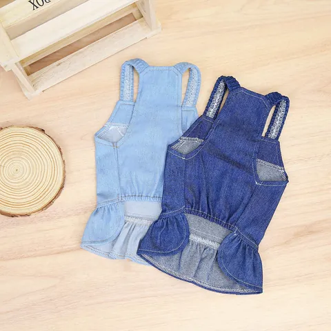 Cotton Pet Denim Dress With Harness D-Ring For Small Dogs Cats Puppy Princess Jean Skirt Embroidery Ruffle Pet Clothing