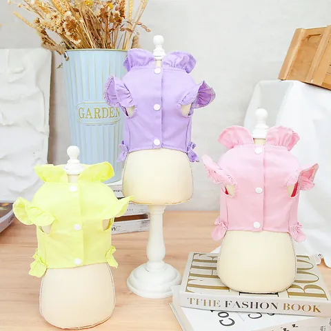 Rabbit Embroidery Pet Harness Dress Cotton Denim Dog Vest Shirt With Metal D-Ring Ruffle Neck Princess Clothing For Pets