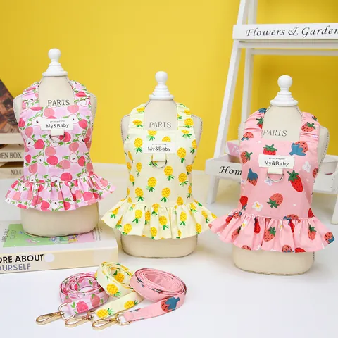 Cute Fruit Pattern Pet Harness Dress And Leash For Small Dogs Cats Cotton Ruffle Strawberry Pineapple Summer Princess Clothing