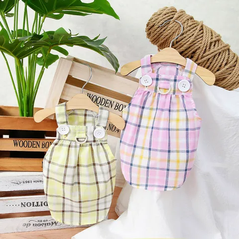 Plaid Pet Harness Dress Breathable Cotton Dog Clothes Small Dog Cat Dress With Buttons D-Ring Pastoral Style Puppy Outfit