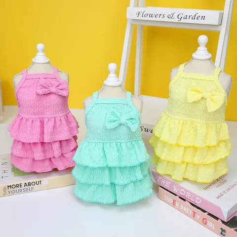Sleeveless Pet Dog Dress With Bow Triple Tiered Ruffle Layered Seersucker Puppy Cat Princess Clothes For Small Medium Dogs