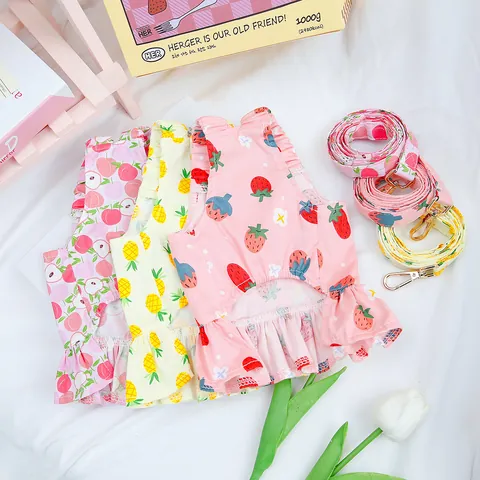 Cute Fruit Pattern Pet Harness Dress And Leash For Small Dogs Cats Cotton Ruffle Strawberry Pineapple Summer Princess Clothing