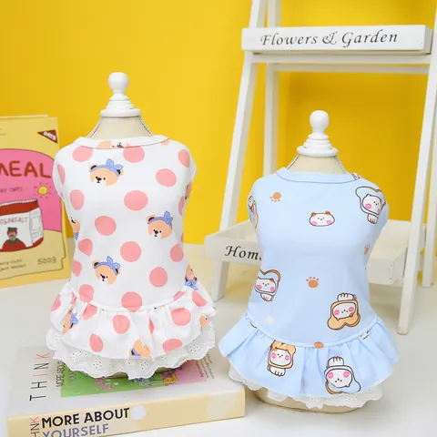 Cute Pet Dress With Lace Hem Cotton Blend Polka Dot Bear Cartoon Print Breathable Puppy Cat Skirt Princess Style Pet Clothing