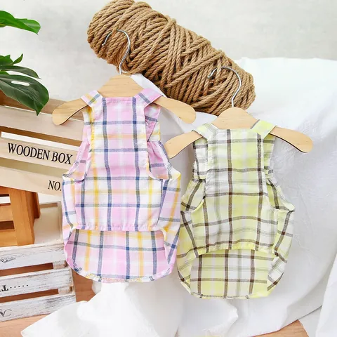 Plaid Pet Harness Dress Breathable Cotton Dog Clothes Small Dog Cat Dress With Buttons D-Ring Pastoral Style Puppy Outfit