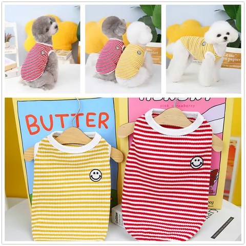 Gilet Rayé pour Chien Avec Broderie Visage Souriant Coton Respirant Vêtements pour Petits Chiens Chats Chiot Chatons