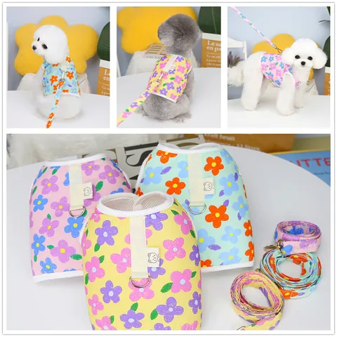 Floral Pet Vest Harness And Leash Set Breathable Mesh Padded Soft Cotton Dog Harness For Small Medium Dogs Cats Walking Puppy Harness