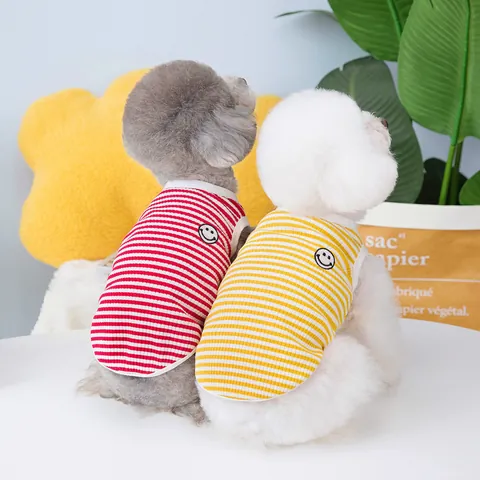 Gilet Rayé pour Chien Avec Broderie Visage Souriant Coton Respirant Vêtements pour Petits Chiens Chats Chiot Chatons