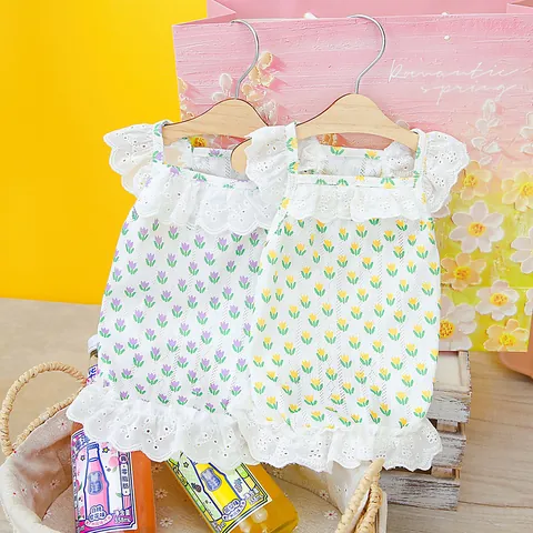 Tulip Floral Pet Dress With Lace Ruffle Hem Cotton Dog Skirt For Small Dogs Cats Puppy Princess Style Summer Apparel