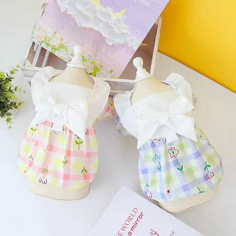 Sweet Cotton Plaid Floral Pet Dress With Bow Ribbon Ruffles Summer Dog Cat Clothing Puppy Kitten Princess Harness Skirt