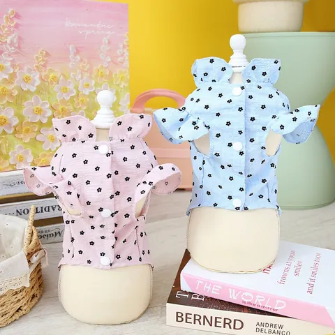 Floral Pet Dog Shirt Breathable Seersucker Cat Clothes With Ruffle Trim And Bowknot Sweet Summer Puppy Vest Pet Apparel