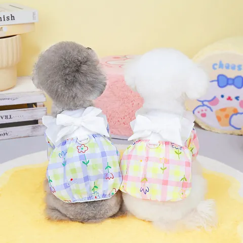 Sweet Cotton Plaid Floral Pet Dress With Bow Ribbon Ruffles Summer Dog Cat Clothing Puppy Kitten Princess Harness Skirt