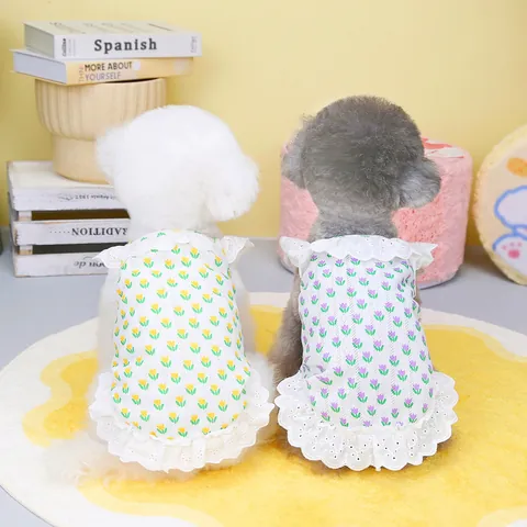 Tulip Floral Pet Dress With Lace Ruffle Hem Cotton Dog Skirt For Small Dogs Cats Puppy Princess Style Summer Apparel