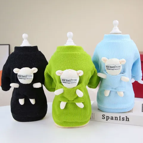Pull en Tricot Chaud pour Chien et Chat Avec Décoration d'Ours 3D Col Roulé Tricot à Côtes Vêtements d'Hiver Doux pour Animaux