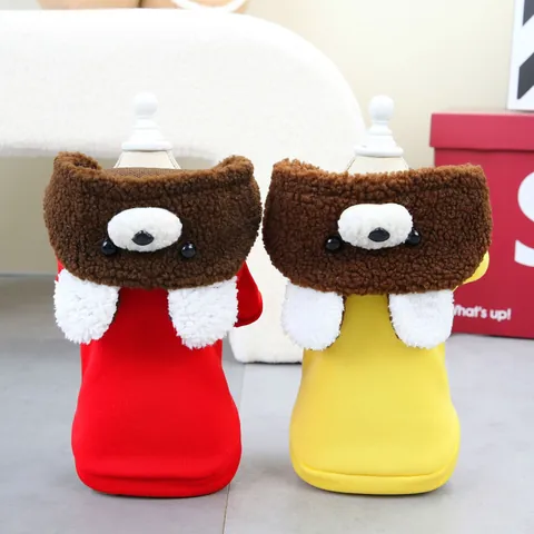 Winter Warm Pet Dog Hoodie Cotton Fleece Cartoon Bear Puppy Cat Sweatshirt With Leash D-Ring Red Yellow Soft Pet Clothes