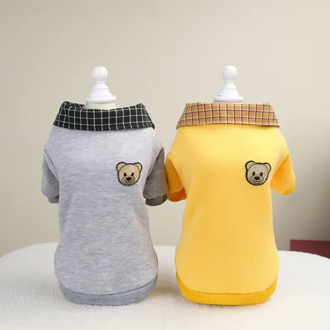 Bear Embroidery Pet Hoodie With Plaid Collar Fleece Lined Soft Cotton Dog Sweatshirt For Small Dogs Cats Warm Autumn Winter Apparel
