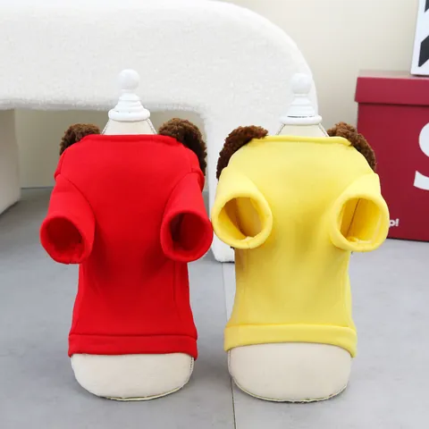 Winter Warm Pet Dog Hoodie Cotton Fleece Cartoon Bear Puppy Cat Sweatshirt With Leash D-Ring Red Yellow Soft Pet Clothes