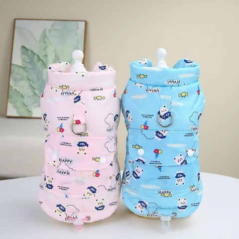 Pet Dog Cat Quilted Vest Warm Padded Cotton Coat Cartoon Bear Pattern With D-Ring Leash Attachment For Small Medium Dogs