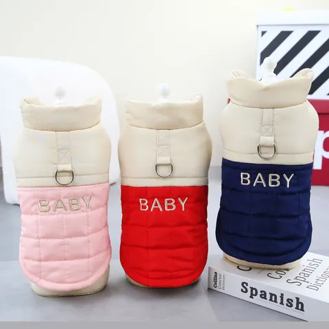 Pet Dog Padded Vest Winter Warm Color Block Quilted Coat With Leash D-Ring Embroidery Puppy Clothes For Small Dogs