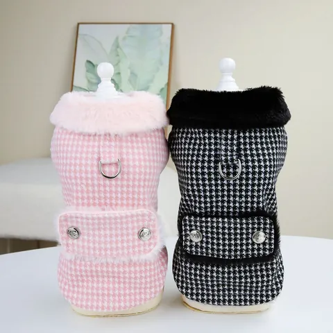 Houndstooth Pet Dog Winter Coat Faux Fur Collar Warm Fleece Vest Jacket With D-Ring Leash Attachment For Small Medium Dogs Cats