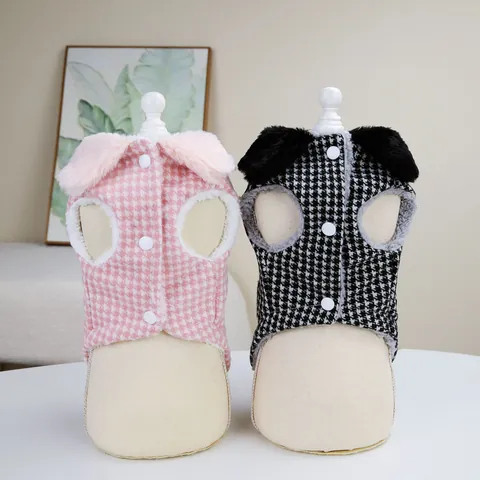 Houndstooth Pet Dog Winter Coat Faux Fur Collar Warm Fleece Vest Jacket With D-Ring Leash Attachment For Small Medium Dogs Cats