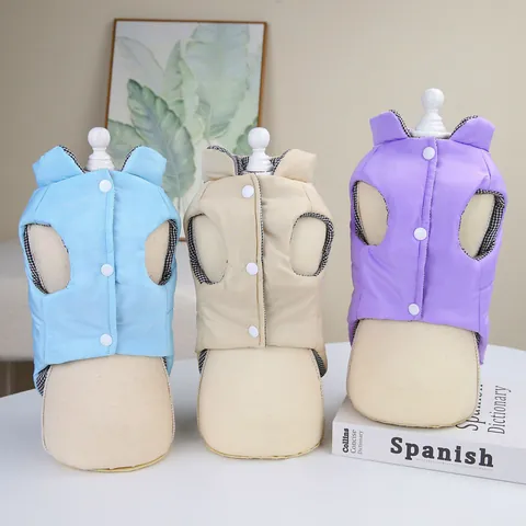 Pet Warm Quilted Vest Dog Jacket With Leash D-Ring Cartoon Dog Embroidery Puppy Winter Coat Plaid Lining Small Medium Dogs