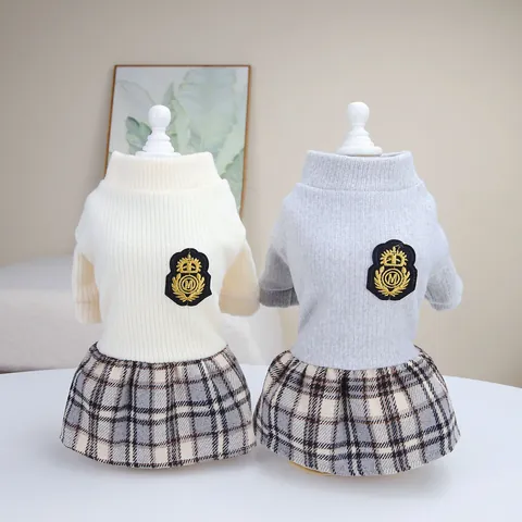 Academy Style Pet Dog Dress Plaid Pleated Skirt Knitted Sweater Splicing Princess Dog Clothes With Crown Embroidery Badge