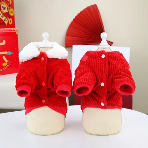 Festive Red Corduroy Pet Dog Cat Vest With Plush Collar Rabbit Embroidery New Year Warm Cotton Coat Jacket For Small Pets