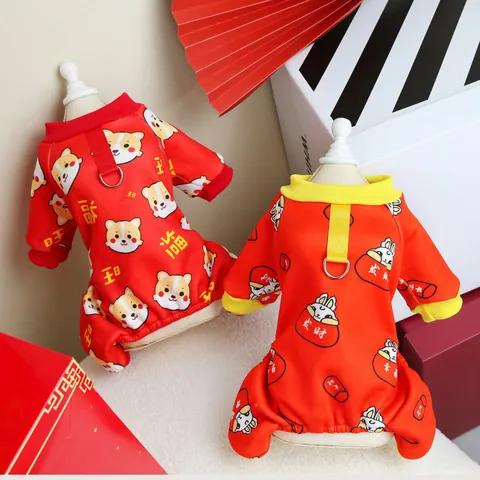 Festive New Year Pet Dog Jumpsuit Fleece Warm Puppy Cat Hoodie Full Body Clothes With Leash Ring For Small Dogs Cats