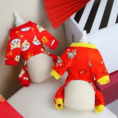 Festive New Year Pet Dog Jumpsuit Fleece Warm Puppy Cat Hoodie Full Body Clothes With Leash Ring For Small Dogs Cats