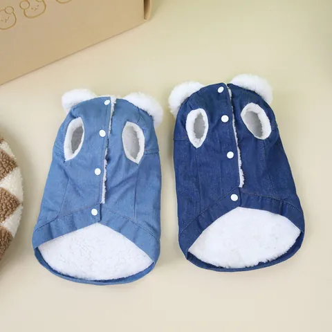 Casual Pet Dog Denim Vest Fleece Lined Warm Winter Coat Puppy Jacket With Traction Metal D-Ring For Small Medium Dogs